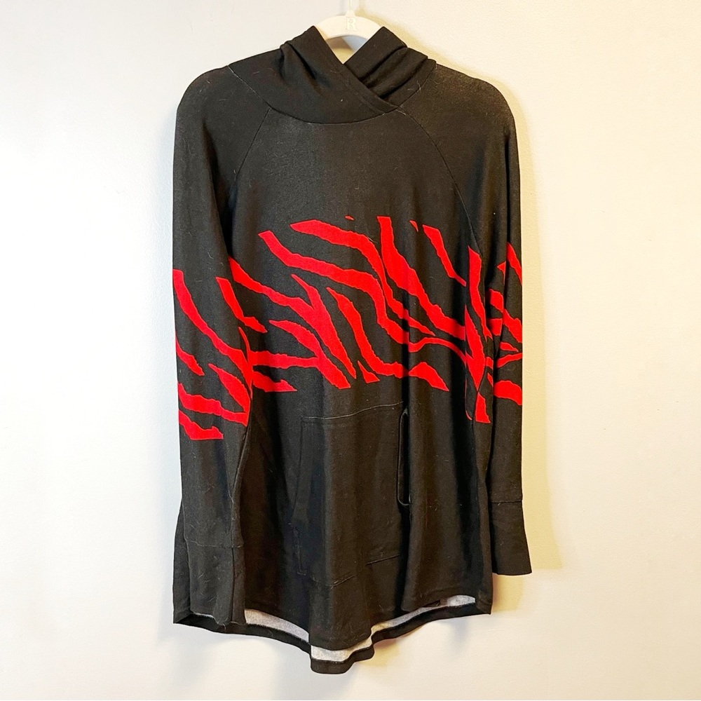 LuLaRoe Knit Hoodie The Amber Black & Red Hooded Sweater w/ Front Pocket 2X FLAW